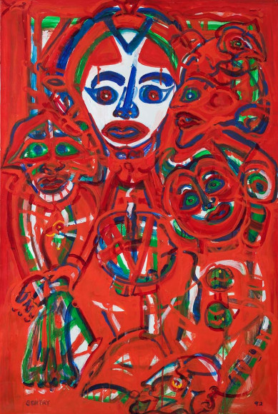 Herbert Gentry, The Tree, 1992, Acrylic on canvas, 48 x 32 inches, Portraits painted in red, blue and green. Herbert Gentry painted in a semi-figural abstract style, suggesting images of humans, masks, animals and objects caught in a web of circular brush strokes, encompassed by flat, bright color.