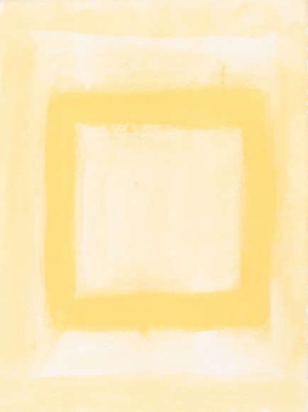 Felrath Hines, Untitled,  Watercolor on paper,  7.75 x 6 inches, Unsigned. Soft pastel yellow background with outlined yellow square in the center of the frame. Felrath Hines worked to create universal visual idioms from a place of complex personal experience. His figurative and cubist-style artwork morphed into soft-edged organic abstracts as he grappled with hues in his chosen oil medium.