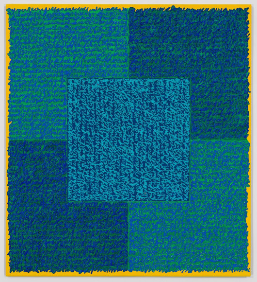Louise P. Sloane, Fated 7, 2016, Acrylic paint and pastes on aluminum panel, 40 x 36 inches, signed, titled and dated on the verso, four rectangles and a central square (teal, blue, and yellow edges) with personal text written over the squares in blue to create three dimensional texture. Louise P. Sloane has been creating abstract paintings since 1974.