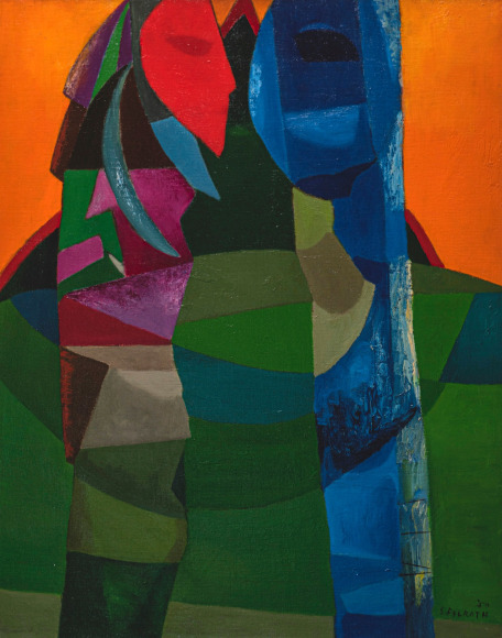 Felrath Hines, Totem, 1950, Oil on canvas, 30 x 24 in., Signed and dated, lower right. Cubist figures at the forefront of the composition, the right one mostly blue, and the left one pink, purple and green create totem poles. Felrath Hines worked to create universal visual idioms from a place of complex personal experience. Hines&rsquo;s figurative and cubist-style artwork morphed into soft-edged organic abstracts as he grappled with hues in his chosen oil medium.