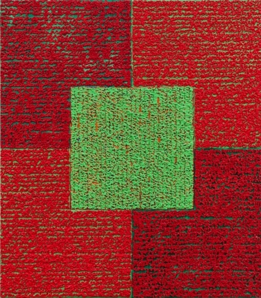 Louise P. Sloane, Green Square With Reds, 2010, Acrylic paints and pastes on aluminum panel,34 inches x 30 inches, four rectangles and a central square (red and mahogany) with personal text written in green over the squares to create three dimensional texture. Louise P. Sloane has been creating abstract paintings since 1974. Her works focus on geometric forms while celebrating color and texture.
