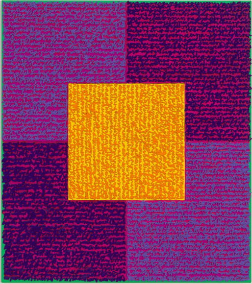 ,Louise P. Sloane, VVPPO, 2015, Acrylic paint and pastes on aluminum panel, 34 x 30 inches, Signed, titled and dated on verso, four rectangles and a central square (purple and violet with yellow) and personal text written over the squares to create three dimensional texture. Louise P. Sloane has been creating abstract paintings since 1974.