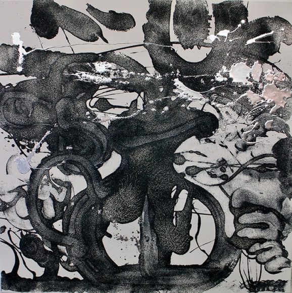 Catherine Howe, &quot;Carborundum and Silver (violet)&quot;, 2016  36 x 36 inches, acrylic, carborundum grit, encaustic, metal leaf, on canvas. Abstract work with movement and gestural strokes on the canvas in black, grey and silver. Catherine Howe has produced sumptuously inviting yet socially-decadent conflations made in the name of painterly reflection. She has painted some variation of expressionist figuration, usually with readily-apparent allusions to art history.