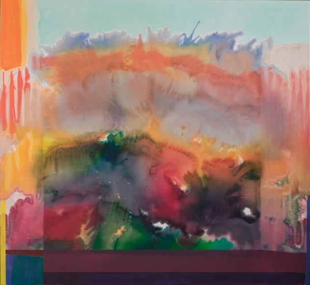 Ronnie Landfield,  Butterfly of Winter, 1985,  Acrylic on canvas,  79 x 86 inches. Abstract painting with soft pastel hues that get darker toward the bottom of the canvas. Ronnie Landfield&rsquo;s inspiration comes from spirituality and feeling. She feels as though modern painting is fueled by the combination of tradition and the realities of a modern life. She uses color to express her feelings.