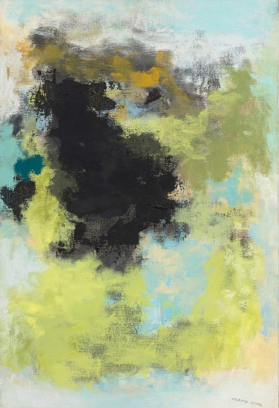 Felrath Hines, Pond, Oil on canvas. Abstract painting with organic shapes and natural earth tones. Felrath Hines worked to create universal visual idioms from a place of complex personal experience. His figurative and cubist-style artwork morphed into soft-edged organic abstracts as he grappled with hues in his chosen oil medium.