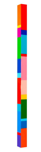 Heidi Spector, Kisses Warm and Deep, 2019, Liquitex with resin on Birch panel, 60 x 3 x 3 inches, Signed, titled and dated on the verso, Long vertical panel with colorful rectangles set in a glass-like surface, Heidi Spector creates geometric minimalist art inspired by musical rhythms that are composed of repetitive shapes in candy-like colors that vibrate.