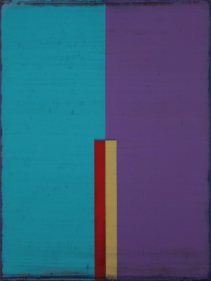 Steven Alexander, CHAMELEON 11, 2017, Oil and acrylic on canvas, 32 x 24 inches. Vertical rectangles in blue and purple with smaller red and yellow rectangles on top. Steven Alexander is an American artist who makes abstract paintings characterized by luminous color, sensuous surfaces and iconic configurations.