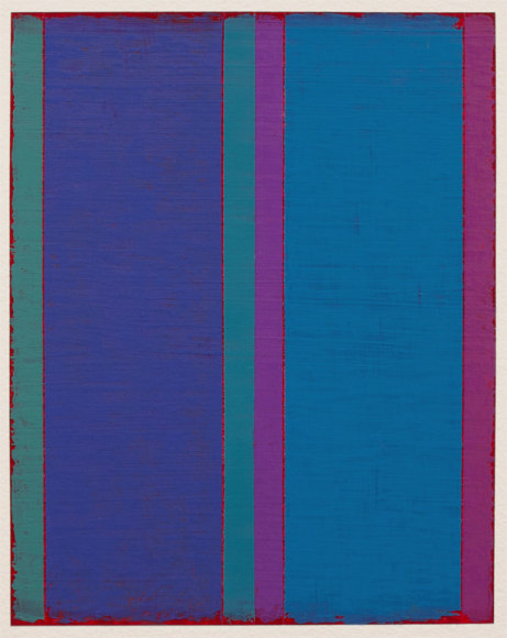 Steven Alexander, P13-18, 2018,  Oil &amp; acrylic on paper, 10 x 8 inches. Six thick and thin vertical rectangles in blues and pinks with thin magenta edges. Steven Alexander is an American artist who makes abstract paintings characterized by luminous color, sensuous surfaces and iconic configurations.