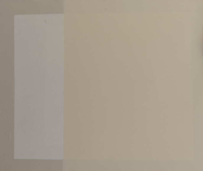 Felrath Hines, Untitled, 1979, Oil on canvas, 24 x 20 inches. Geometric and overlapping squares in earthy tan and beige colors. Felrath Hines worked to create universal visual idioms from a place of complex personal experience. His figurative and cubist-style artwork morphed into soft-edged organic abstracts as he grappled with hues in his chosen oil medium.