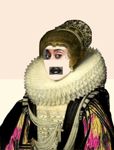 Heads of State No. 26, 2023, Mixed media, collage, analog photography, lacquers, mixed crystals, canvas, and paper on panel