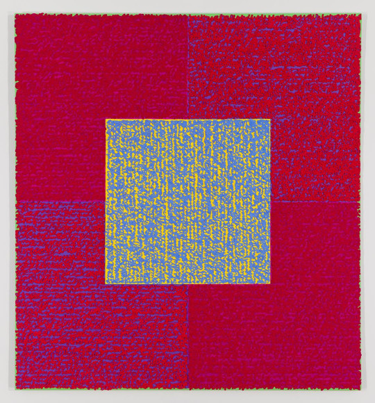 Louise P. Sloane, BURTRYB, 2014, Acrylic paint and pastes on aluminum panel, 50 x 46 inches, signed, titled and dated on the verso, four rectangles and a central square (magenta, and purple) with personal text written over the squares in pink and blue to create three dimensional texture. Louise P. Sloane has been creating abstract paintings since 1974, embracing minimalist techniques and the beauty of color and texture.
