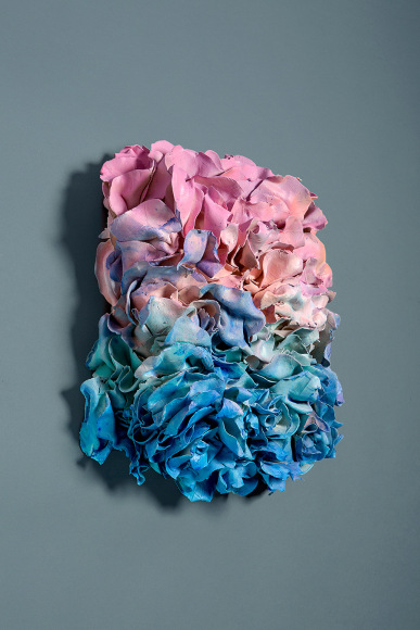 Morel Doucet, Grisaille Nightfall (Pink Wave) , 2016,  White Earthenware, Glazed &amp; Acrylic Stain, 14.5 x 12.5 x 5.25 inches, 3-D Ceramic work with ruffling petals glazed in blue and pink. Morel Doucet creates work that combines the natural world with people's inner consciousness inspired by indigenous people of different cultures.