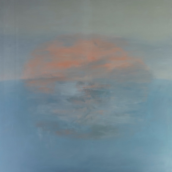 Felrath Hines, Landscape, 1965, Oil on canvas, 60 x 60 inches. Abstract work with organic flat strokes and muted blue and orange tones. Felrath Hines worked to create universal visual idioms from a place of complex personal experience. His figurative and cubist-style artwork morphed into soft-edged organic abstracts as he grappled with hues in his chosen oil medium.