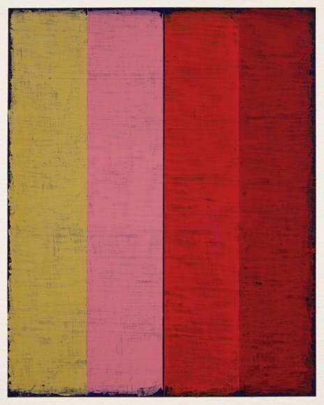 Steven Alexander, P-18, Oil and acrylic on paper, 10 x 8 inches. Vertical canvas with four vertical rectangles in yellow, pink, red and dark red. Textured and layered dark edges. Steven Alexander is an American artist who makes abstract paintings characterized by luminous color, sensuous surfaces and iconic configurations.