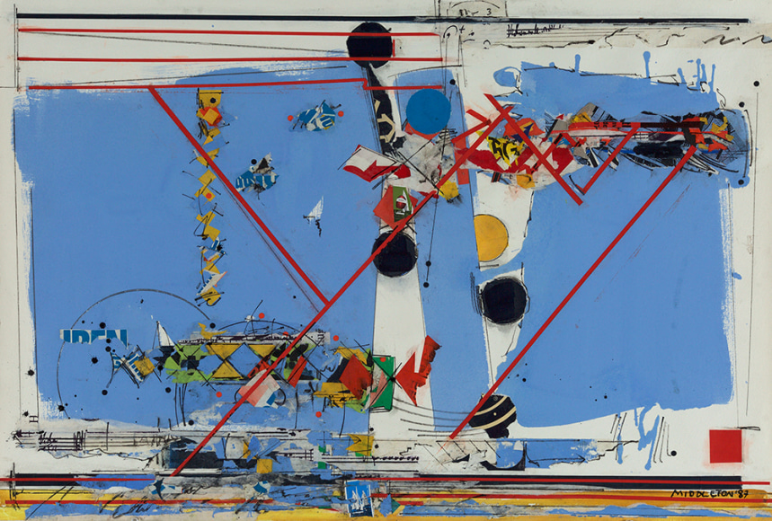 Sam Middleton,  Soft Wind, 1987,  Mixed media and collage on paper,  20-1/2 30-1/4. Abstract work with black and yellow spheres, red rectangles and an organic blue background. Sam Middleton was one of the leading 20th-century American artists, and is a mixed-media collage artist.