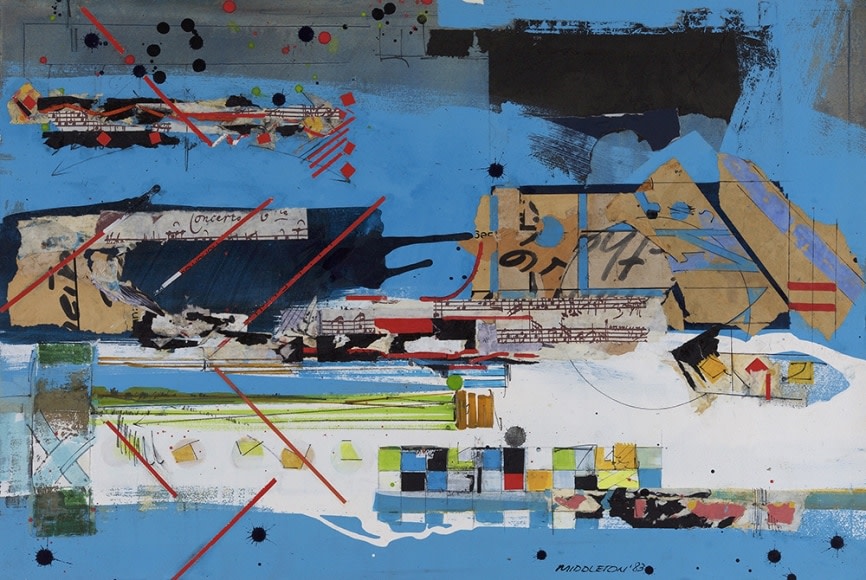 Sam Middleton, Concerto, 1983  Mixed Media on paper  20 x 30 inches  Signed and dated lower right. Abstract work with geometric squares, angled lines and spheres. Sam Middleton was one of the leading 20th-century American artists, and is a mixed-media collage artist.
