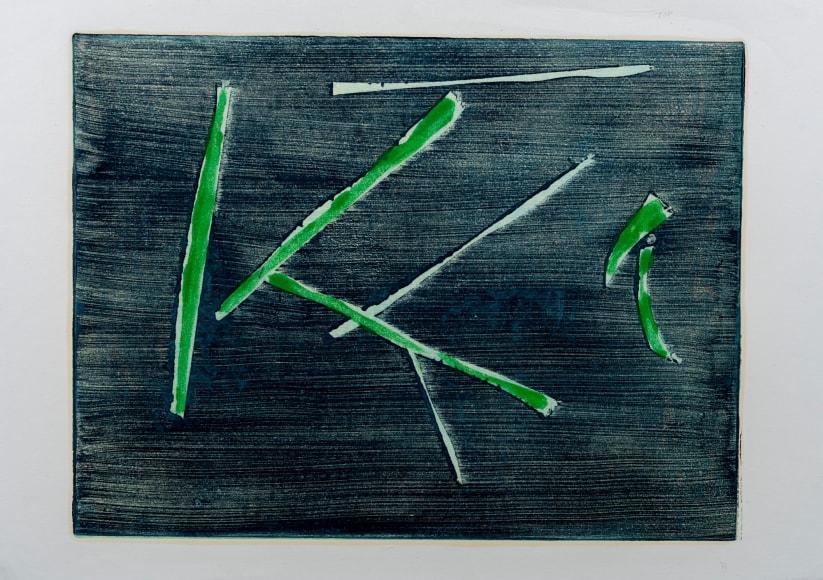 Felrath Hines,  Untitled, 1982,  Monotype,  18 x 24 inches. Navy blue horizontal brush strokes with a green geometric, triangular shape on the foreground. Felrath Hines worked to create universal visual idioms from a place of complex personal experience. His figurative and cubist-style artwork morphed into soft-edged organic abstracts as he grappled with hues in his chosen oil medium.