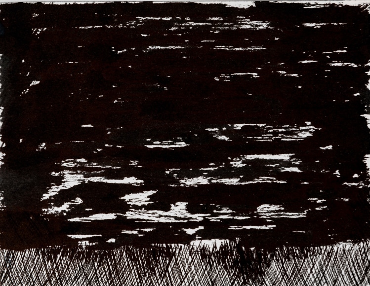 Felrath Hines, Untitled, 1977, Ink on paper,  5 x 6.5 inches,  Unsigned. Abstract ink image with vertical lines on the bottom. Felrath Hines worked to create universal visual idioms from a place of complex personal experience. His figurative and cubist-style artwork morphed into soft-edged organic abstracts as he grappled with hues in his chosen oil medium.