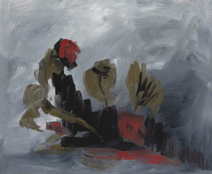 Felrath Hines, Flowers, 1961, Oil on canvas, 20 x 24 inches, Abstract painting of flowers with soft painterly grey background and darker grey and red organic flower petal shapes. Felrath Hines worked to create universal visual idioms from a place of complex personal experience. His figurative and cubist-style artwork morphed into soft-edged organic abstracts as he grappled with hues in his chosen oil medium.