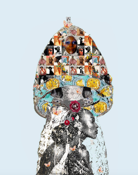Heads of State No. 57, 2023, Mixed media, collage, analog photography, lacquers, mixed crystals, canvas, and paper on panel