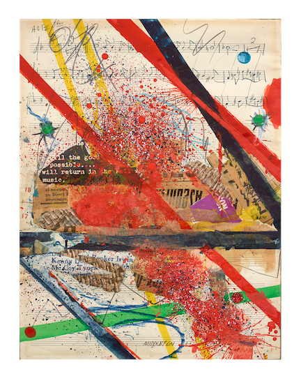 Sam Middleton, Slashes of Sound, 1967, Mixed media collage, 9-1/2 x 12 inches, Lower center and dated, Middleton 67, Vibrant collage with red, green and yellow paint on top of music notes. Sam Middleton was one of the leading 20th-century American artists, and is a mixed-media collage artist.