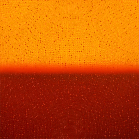 Teo Gonzalez, Large Arch/Horizon Painting 1, 2016, Acrylic on canvas over board, 78 x 78 inches. Orange and dark red background with signature grid on top. Teo Gonzalez was born in Spain, and his signature style are works that consist of thousands of drops of water, arranged into a grid pattern, inside of which a small amount of ink or enamel was dropped and left to dry.
