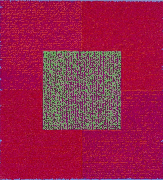 Louise P. Sloane, The Mighty Atom, 2014, Acrylic paints and pastes on aluminum panel, 50 inches x 46 inches, four rectangles and a central square (magenta and pink) with personal text written in green over the squares to create three dimensional texture. Louise P. Sloane has been creating abstract paintings since 1974. Her works focus on geometric forms while celebrating color and texture.