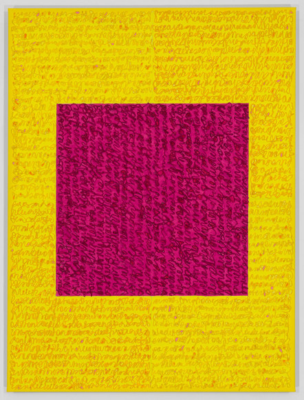 Louise P. Sloane, Celeste, 2018, Acrylic paints and pastes on linen, 48 x 36 inches, rectangle and a central square (magenta, and yellow) with personal text written in orange and dark red over the squares to create three dimensional texture. Louise P. Sloane has been creating abstract paintings since 1974. Her works focus on geometric forms while celebrating color and texture.