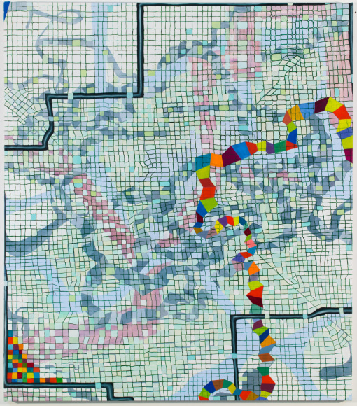 Lisa Corinne, Davis Deductive Data, 2017, Oil on canvas, 55 x 48 inches, Repeated cubes and twisting shapes in a variety of bright colors, Lisa Corinne Davis&rsquo;s paintings show her fluency in adapting abstract forms to express meaning.