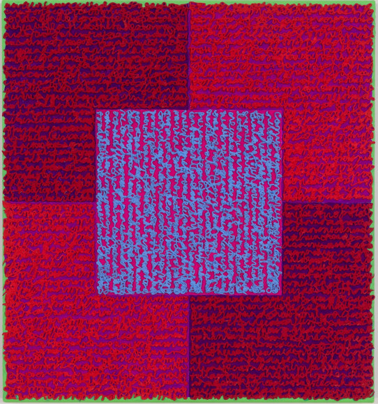 Louise P. Sloane, DRVBS, 2015, Acrylic paint and pastes on aluminum panel, 26 x 24 inches, signed, titled and dated on the verso, SOLD, four rectangles and a central square (magenta, and purple) with personal text written over the squares in pink and blue to create three dimensional texture. Louise P. Sloane has been creating abstract paintings since 1974, embracing minimalist techniques and the beauty of color and texture.