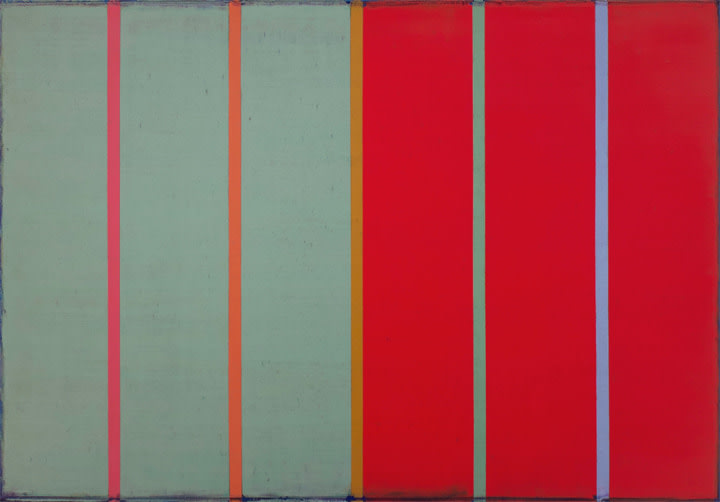 Steven Alexander, TRACER 10, 2016, Oil and acrylic on linen, 42 x 60 in. Signed, titled and dated on verso. Horizontal canvas split in two: red and green. On top of these colors are five thin vertical lines in pink, orange, orange, green and blue. Steven Alexander is an American artist who makes abstract paintings characterized by luminous color, sensuous surfaces and iconic configurations.