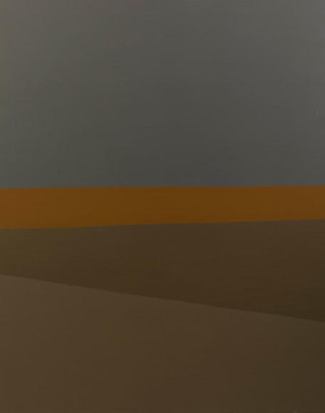 Felrath Hines, Landscape with Ochre Stripe, 1971, Oil on canvas,  50 x 40 inches. Geometric, vertical shapes in muted earth tones; blue, orange and hunter green. Felrath Hines worked to create universal visual idioms from a place of complex personal experience. His figurative and cubist-style artwork morphed into soft-edged organic abstracts as he grappled with hues in his chosen oil medium.