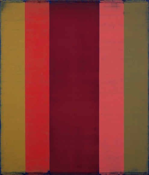 Steven Alexander, Generation 3, 2018, Oil and acrylic on linen, 42 x 36 inches, 5 vertical rectangles in burnt orange, magenta and pink. Steven Alexander is an American artist who makes abstract paintings characterized by luminous color, sensuous surfaces and iconic configurations.