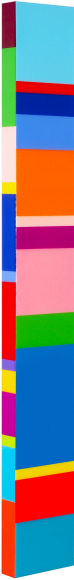Heidi Spector, The Song Begins Again, 2019, Liquitex with resin on Birch panel, 52 x 7 x 2 inches, Signed, titled and dated on the verso, Long vertical panel with colorful squares and rectangles set in a glass-like surface, Heidi Spector creates geometric minimalist art inspired by musical rhythms that are composed of repetitive shapes in candy-like colors that vibrate.