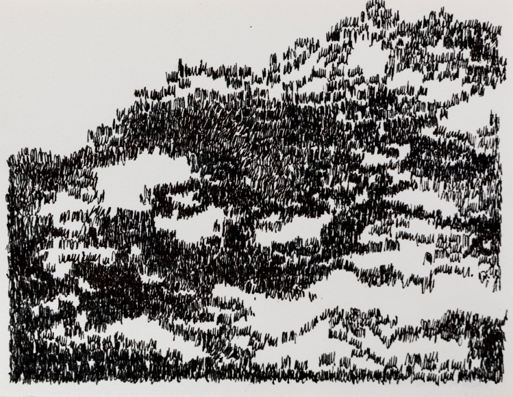 Felrath Hines, Untitled, 1977, Ink on paper,  5 x 6.5 inches, Unsigned. Abstract ink image with stacks of small squiggles. Felrath Hines worked to create universal visual idioms from a place of complex personal experience. His figurative and cubist-style artwork morphed into soft-edged organic abstracts as he grappled with hues in his chosen oil medium.