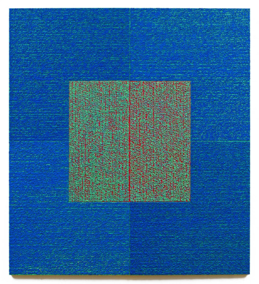 Louise P. Sloane, H Blues, 2011, Acrylic paints and pastes on wood panel, 80 inches x 72 inches (each panel is 80 x 36 inches), four rectangles and a central square (blue and cobalt) with personal text written in green over the squares to create three dimensional texture. Louise P. Sloane has been creating abstract paintings since 1974. Her works focus on geometric forms while celebrating color and texture.