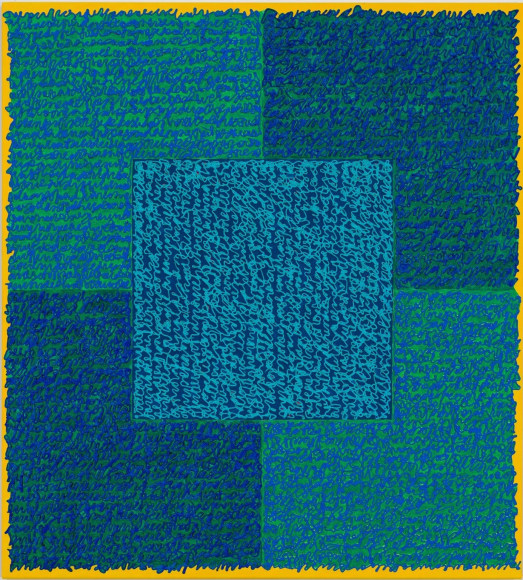 Louise P. Sloane, Fated 7, 2016, Acrylic paint and pastes on aluminum panel, 40 x 36 inches, signed, titled and dated on the verso, four rectangles and a central square (teal, blue, and yellow edges) with personal text written over the squares in blue to create three dimensional texture. Louise P. Sloane has been creating abstract paintings since 1974.