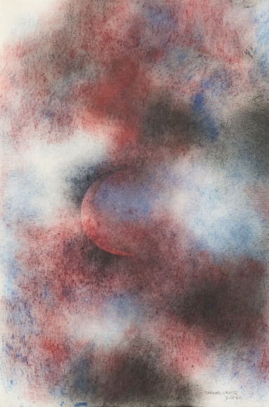 Norman Lewis Composition with Moon , 1960, Mixed Media on Paper, 23-1/4 x 27-1/2 inches, Signed and dated lower left 2-18-60, Abstract sky with crescent moon and black, blue and red cloud like marks, Norman Lewis was a vital member of the first generation of abstract expressionists. He was the sole African American artist of his generation and his art derived from his interests in music and equality issues.