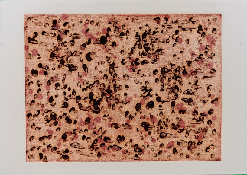 Felrath Hines   Untitled, 1982,  Monotype,  18 x 24 inches. Red and dark maroon, organic shaped dots on light red background. Felrath Hines worked to create universal visual idioms from a place of complex personal experience. His figurative and cubist-style artwork morphed into soft-edged organic abstracts as he grappled with hues in his chosen oil medium.