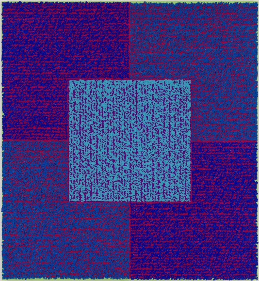 CCBAS, 2013, Acrylic paints and pastes on bent aluminum panel, 50 x 46 x 3/8 inches, four rectangles and a central square (blue, purple, light blue) with personal text written in red over the squares to create three dimensional texture. Louise P. Sloane has been creating abstract paintings since 1974.