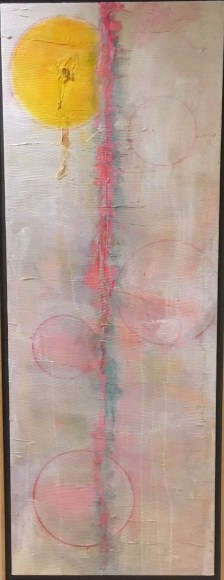 Frank Bowling, Fair Maid, 2009, Acrylic on canvas  68 x 25 inches, Abstract vertical painting with outlined spheres. Frank Bowling is interested in abstract paintings that use a color palette from his home country of Guyana.