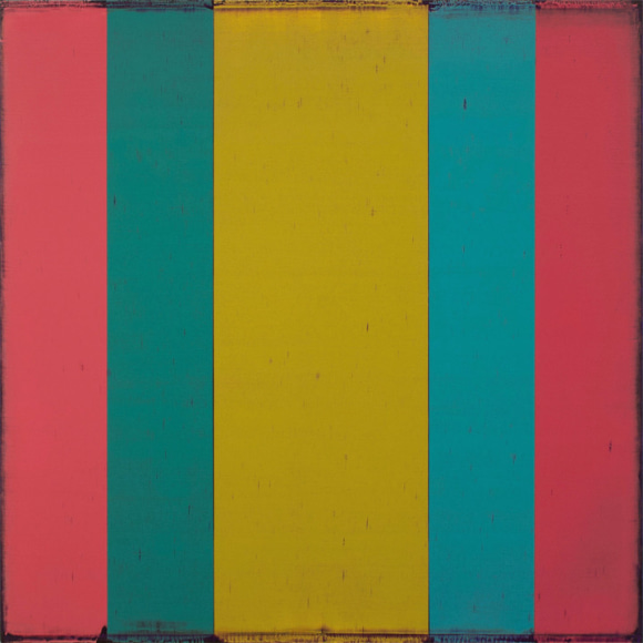 Steven Alexander, Generation 4, 2018, Oil and acrylic on linen, 32 x 32 inches, 5 vertical rectangles in pink, blue and yellow, mirroring each other. Steven Alexander is an American artist who makes abstract paintings characterized by luminous color, sensuous surfaces and iconic configurations.