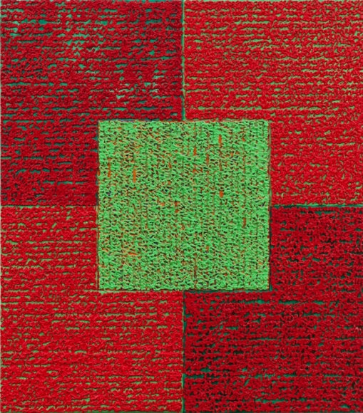 Louise P. Sloane, Green Square With Reds, 2010, Acrylic paints and pastes on aluminum panel,34 inches x 30 inches, four rectangles and a central square (red and mahogany) with personal text written in green over the squares to create three dimensional texture. Louise P. Sloane has been creating abstract paintings since 1974. Her works focus on geometric forms while celebrating color and texture.