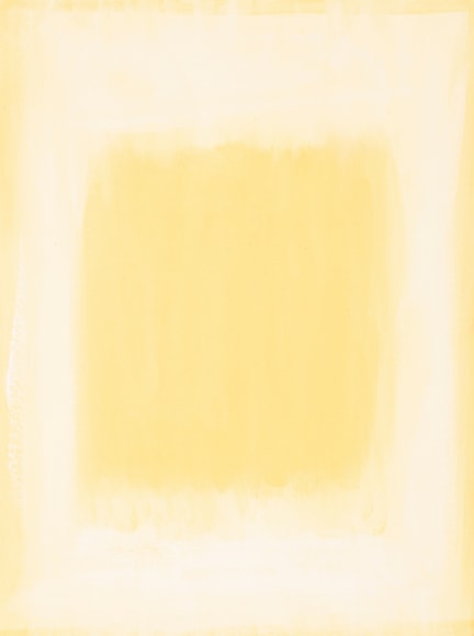 Felrath Hines, Untitled,  Watercolor on paper, 7.75 x 6 inches, Unsigned. Pale yellow rectangle with organic yellow rectangle in the center of the frame. Felrath Hines worked to create universal visual idioms from a place of complex personal experience. His figurative and cubist-style artwork morphed into soft-edged organic abstracts as he grappled with hues in his chosen oil medium.