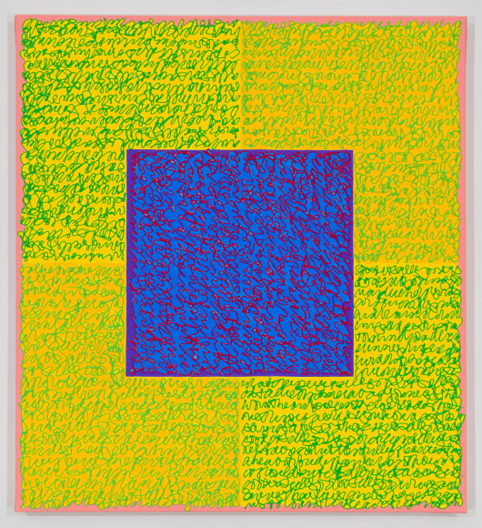Louise P. Sloane, It's All Good, 2018, Acrylic paint and pastes on linen, 44 x 40 inches, signed, titled and dated on the verso, four rectangles and a central square (yellow, blue, and peach edges) with personal text written over the squares in green to create three dimensional texture. Louise P. Sloane has been creating abstract paintings since 1974.  Louise P. Sloane, has been creating abstract paintings since 1974, embracing minimalist techniques and the beauty of color and texture.