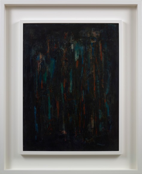 Norman Lewis, Musicians, 1948, Oil with sgraffito on masonite, 24 x 18 inches, Signed lower right, Dark abstract painting with layers of black, red and blue. Norman Lewis was a vital member of the first generation of abstract expressionists. He was the sole African American artist of his generation and his art derived from his interests in music and equality issues.