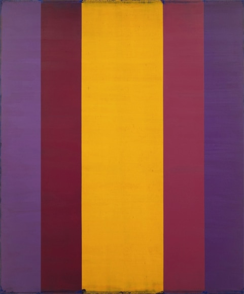 Steven Alexander, Generation 2, 2018, Oil and acrylic on linen, 60 x 50 inches, 5 vertical rectangles in purple, magenta and yellow mirroring the others. Steven Alexander is an American artist who makes abstract paintings characterized by luminous color, sensuous surfaces and iconic configurations.