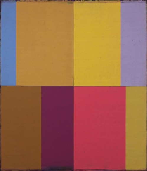 Steven Alexander, FOUR WINDS 10, 2016,  Oil and acrylic on canvas, 42 x 36 inches. Eight vertical rectangles of different sizes and colors . Steven Alexander is an American artist who makes abstract paintings characterized by luminous color, sensuous surfaces and iconic configurations.