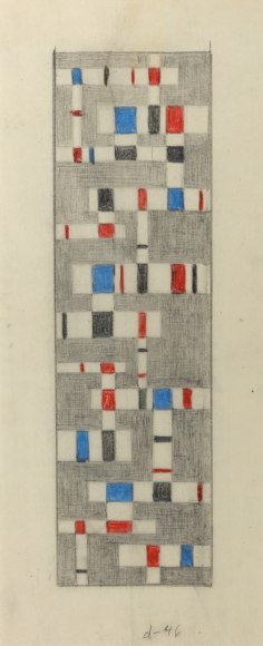 Burgoyne Diller, Untitled, 1946, Grpahite and crayon on vellum, 18 5/8 x 7 1/8 inches, Vertical pencil drawing with red and blue squares. Burgoyne Diller was a modernist artist who worked in various mediums to create geometric abstractions.