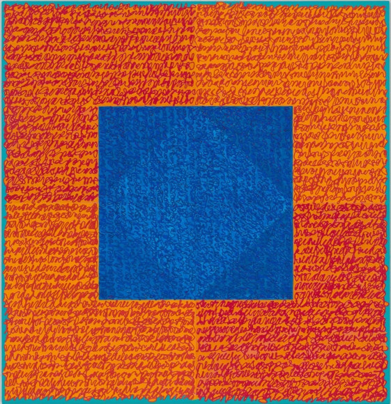 Louise P. Sloane  Sizzler,  2017 Acrylic Paints and pastes on aluminum panel 46 x 44 inches  Signed, titled and dated on the verso